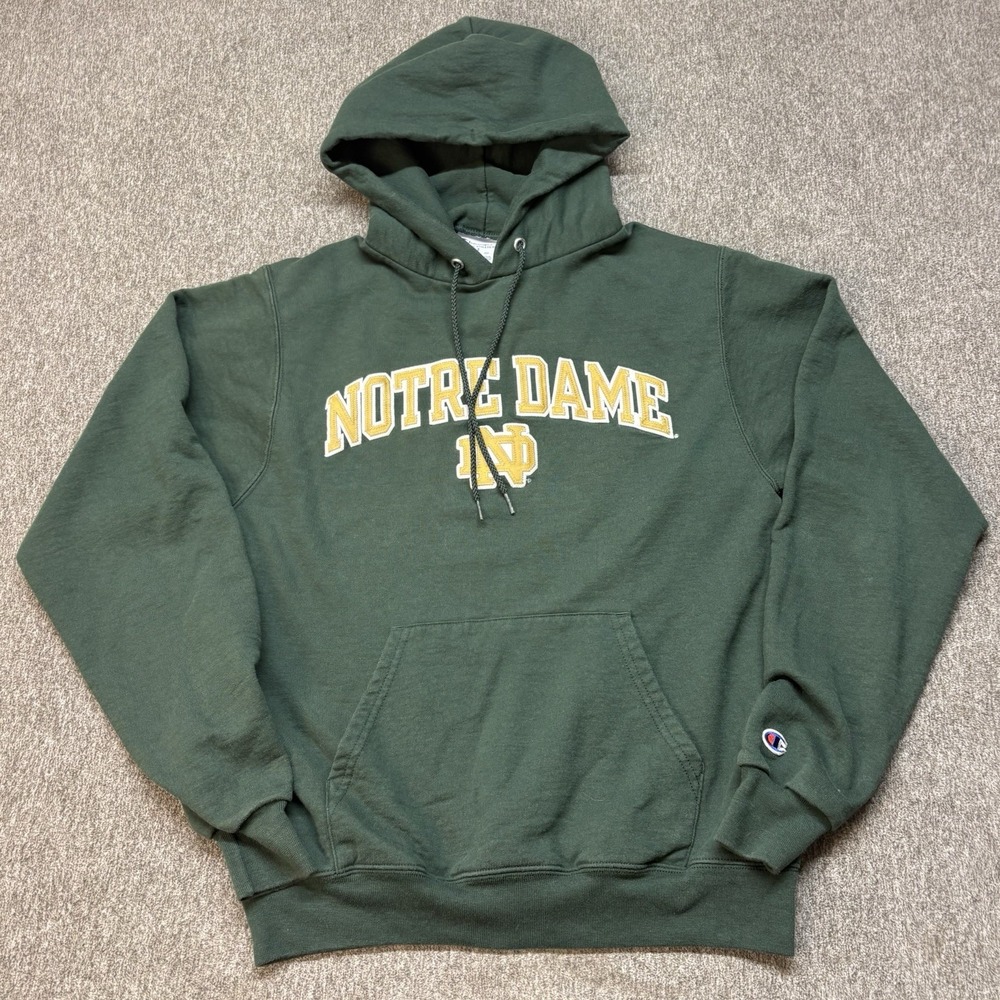 Vintage Notre Dame Fighting Irish Hoodie Men's S Champion Green Gold Pullover
